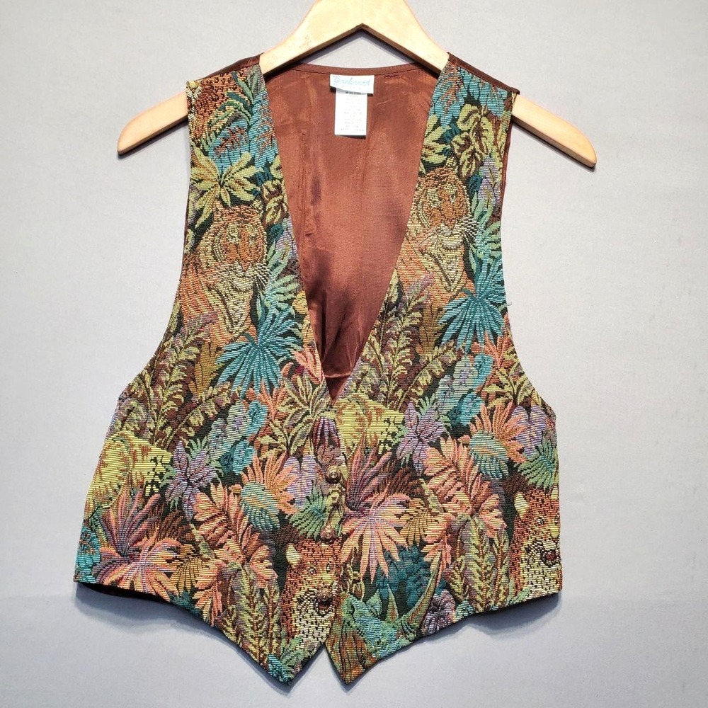 VTG 90s Backroad Blues Vest Womens M Tiger Safari Jungle Tapestry Lined Boho USA